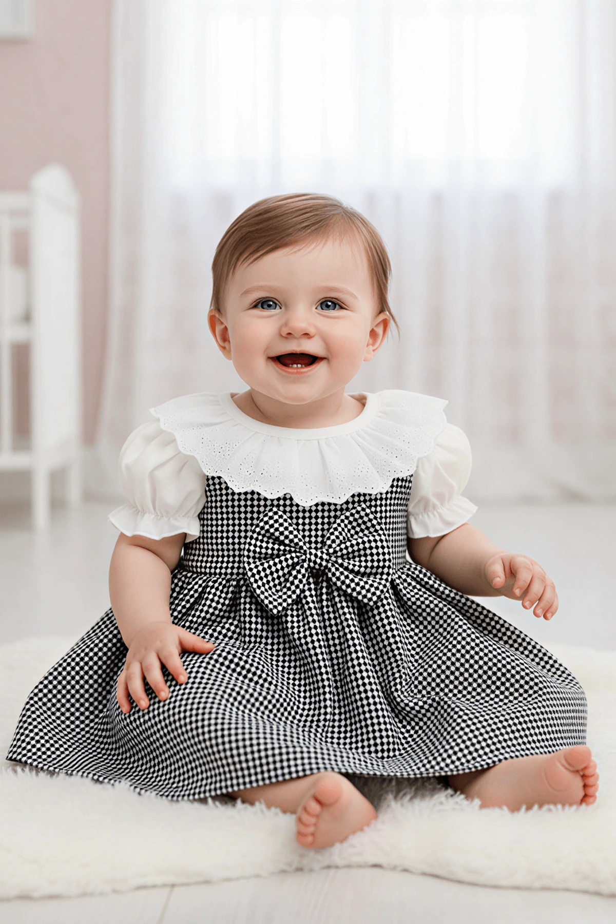 Tufitto 1647 Kız Bebe Kazayağı Desenli Kanatlı Elbise