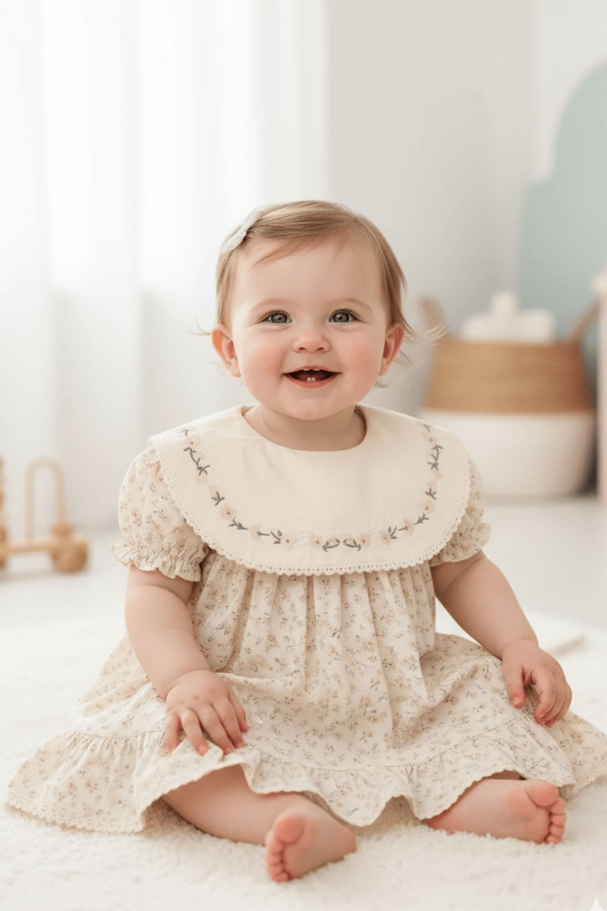 Kız Bebek Yaka Nakışlı Çiçek Desenli Elbise 9/24 AY