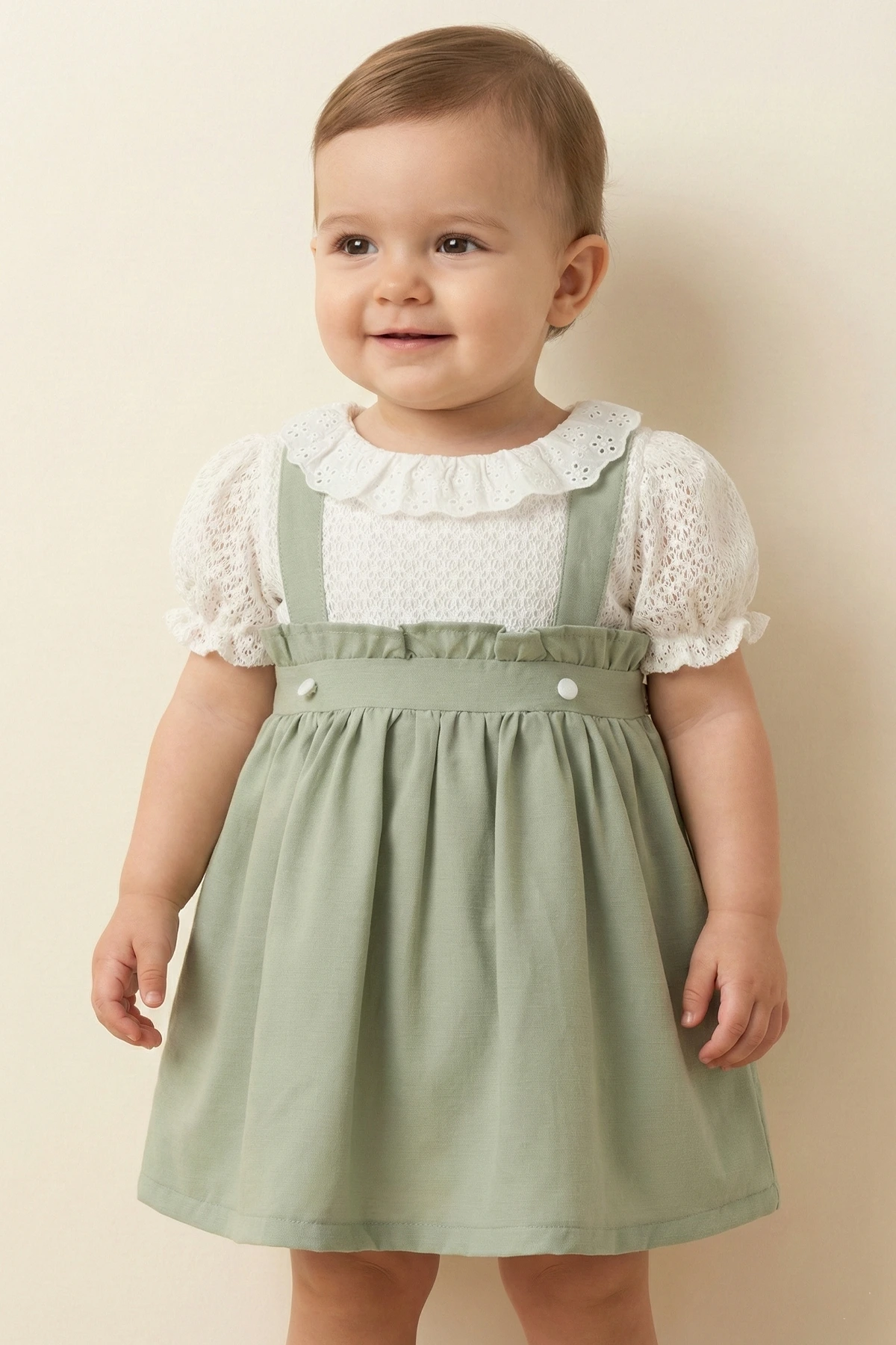 Dantel Yaka Detaylı Yeşil Jile Elbise (9-24 Ay)