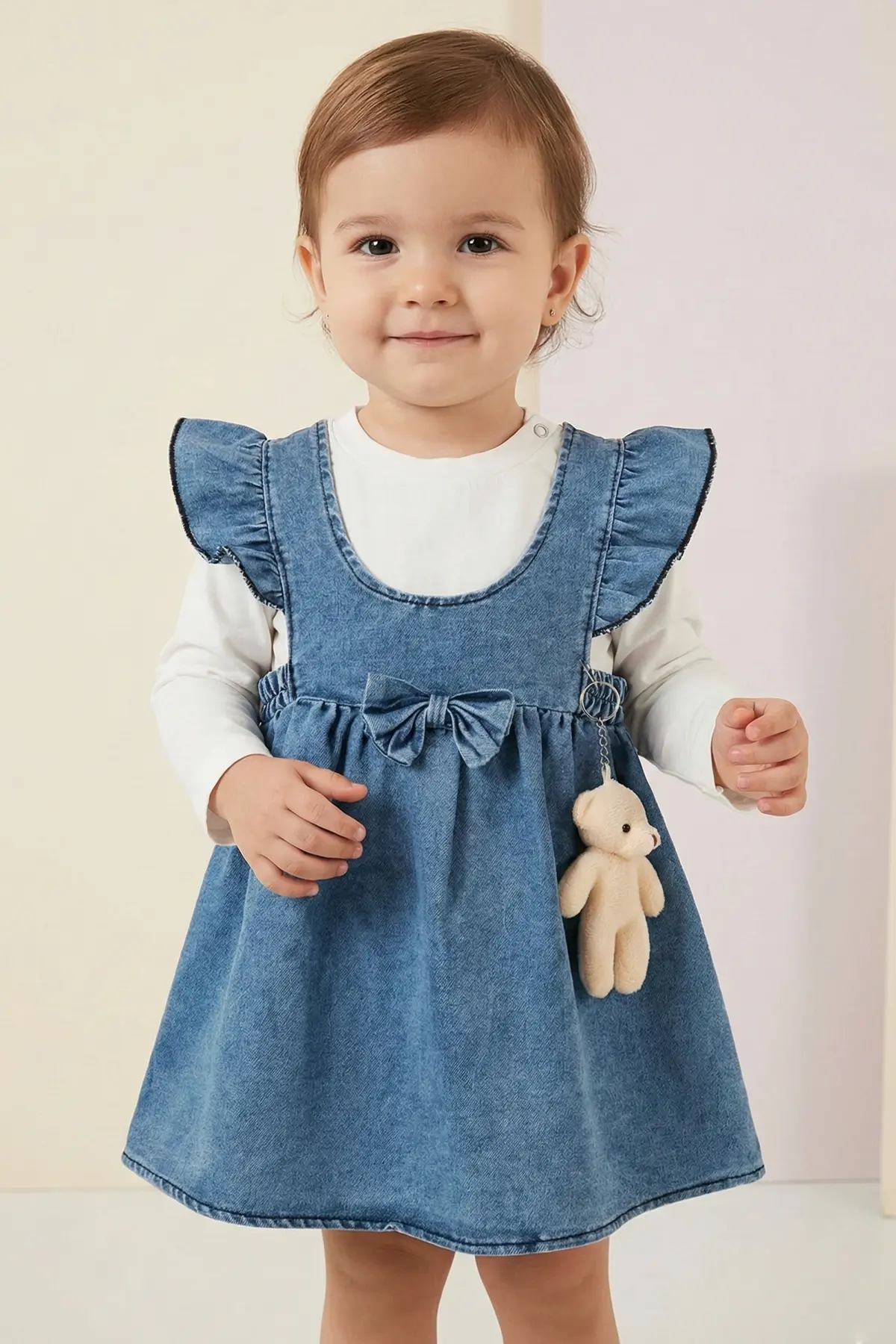 Ayıcıklı Kız Bebek Kot Elbise Takım 6-18Ay