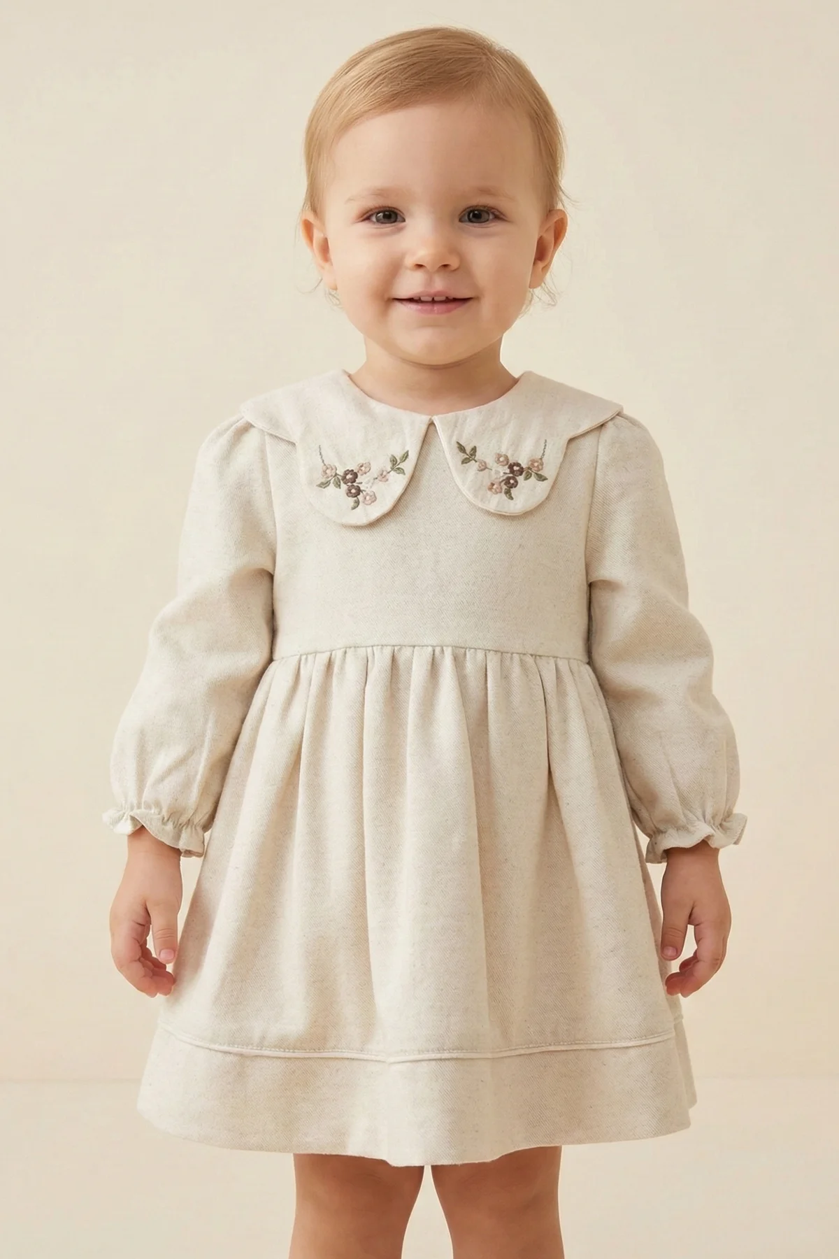 Çiçek Nakışlı Ekru Kız Bebek Elbise 9-24 Ay